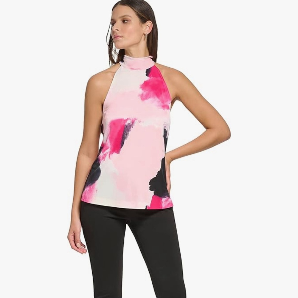 DKNY Pink and Black Sleeveless Top - Large